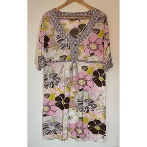 Vintage Tommy‎ Bahama Floral Print Drawstring Dress Pink Brown Green Casual
